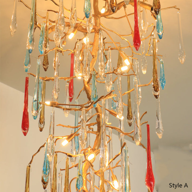 Designer handcrafted copper crystal cascade chandelier, waterfall design for luxury villa foyer entryway