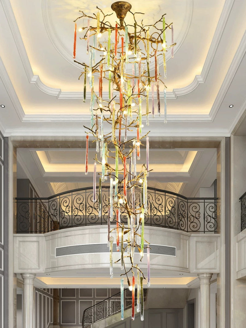 Opulent handcrafted copper crystal cascade chandelier, waterfall design for modern home foyer staircase
