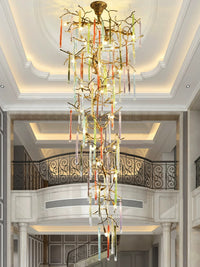 Thumbnail for Opulent handcrafted copper crystal cascade chandelier, waterfall design for modern home foyer staircase