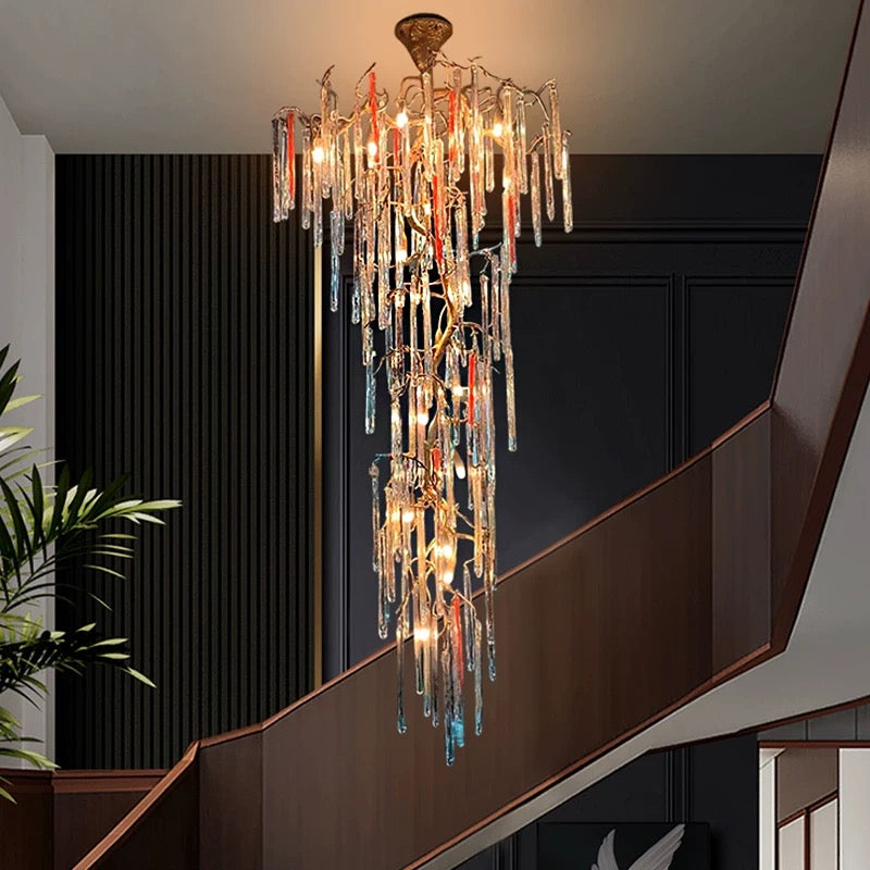 Luxury handcrafted copper crystal cascade chandelier, waterfall design for hotel lobby foyer staircase lighting