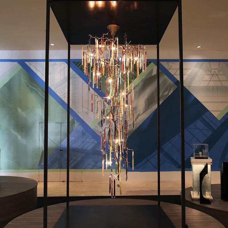 Luxury handcrafted copper crystal pendant chandelier, cascade waterfall design for foyer entryway staircase