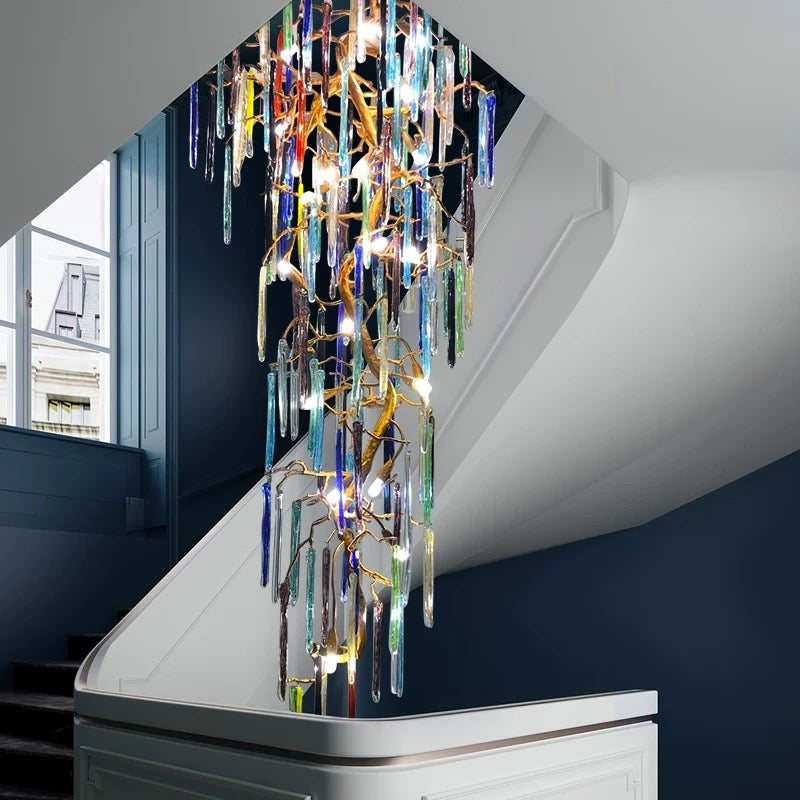 Energy-efficient handcrafted copper crystal cascade chandelier, LED waterfall design for foyer staircase lighting