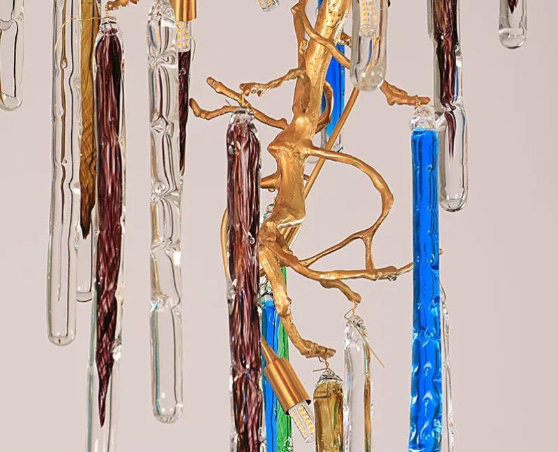 Modern handcrafted copper crystal cascade chandelier, geometric waterfall design for dining room foyer lighting