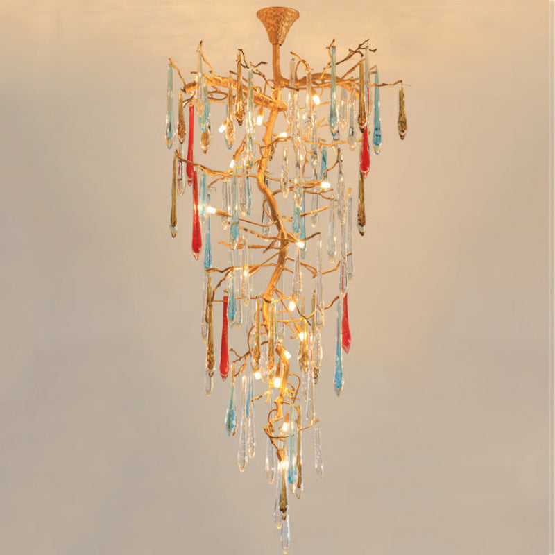 Artistic handcrafted copper crystal cascade chandelier, waterfall design for living room foyer entryway lighting
