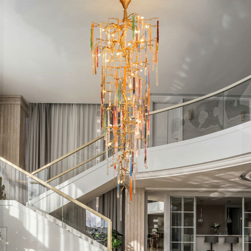 Large handcrafted copper crystal cascade chandelier, waterfall design for dining room foyer staircase lighting