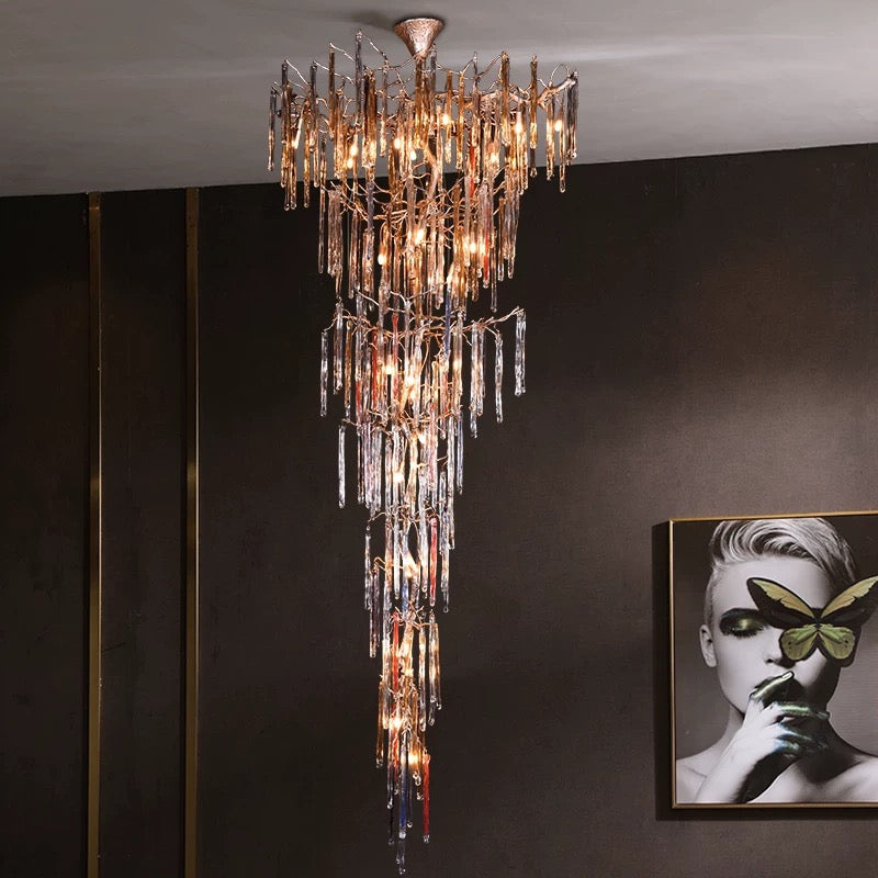 Handcrafted copper crystal cascade chandelier, minimalist waterfall design for kitchen foyer entryway lighting