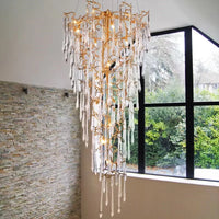 Thumbnail for Custom handcrafted copper forest chandelier, luxury tree branch design with crystals for foyer staircase hotel lobby