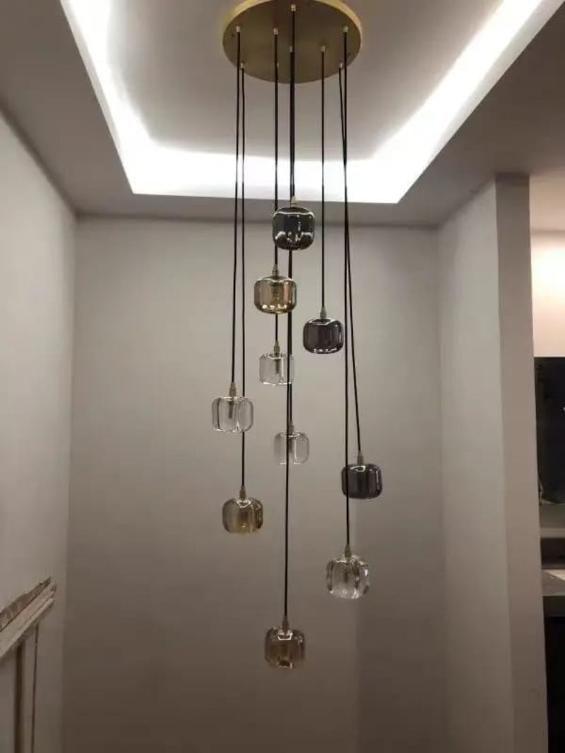 Modern gold spiral chandelier for foyer staircase, square K9 crystal pendants for high ceiling entryway lighting
