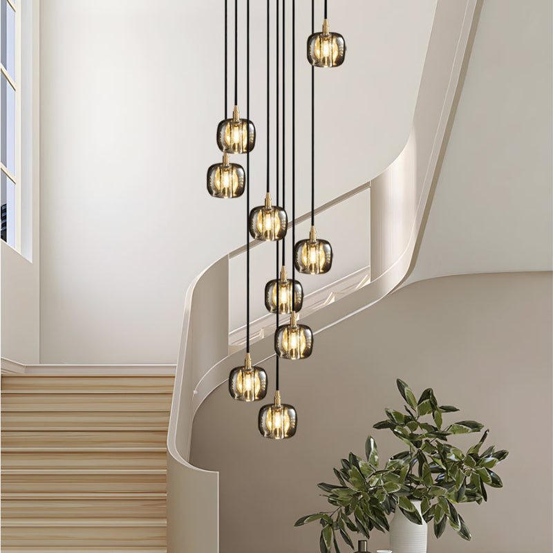 Contemporary black spiral staircase chandelier, square K9 crystal design for high ceiling foyer entryway