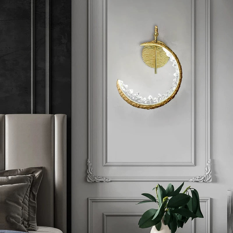 Luxury handcrafted copper moon wall sconce, crescent design with crystals for staircase foyer entryway hallway