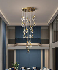 Thumbnail for Natural brass irregular crystal chandelier in modern foyer, customizable raw-cut K9 prism cluster design