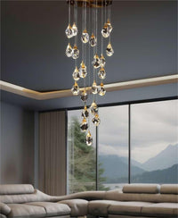 Thumbnail for Natural brass modern chandelier with irregular raw-cut crystals, adjustable cluster for high ceiling foyer