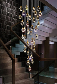 Thumbnail for Modern foyer chandelier with irregular raw-cut crystals, brass finish for grand entryway staircase lighting