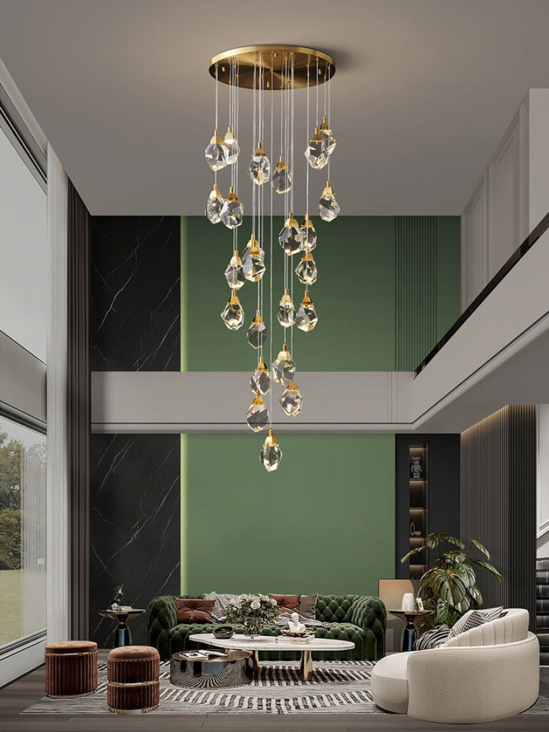 Brass irregular crystal chandelier in luxury foyer, raw-cut K9 prism design for two-story entryway lighting