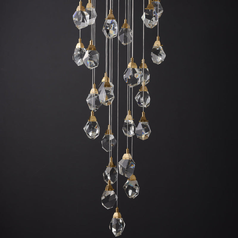 Modern irregular raw-cut crystal chandelier lighting, brass finish for stairwell entryway high ceiling foyer