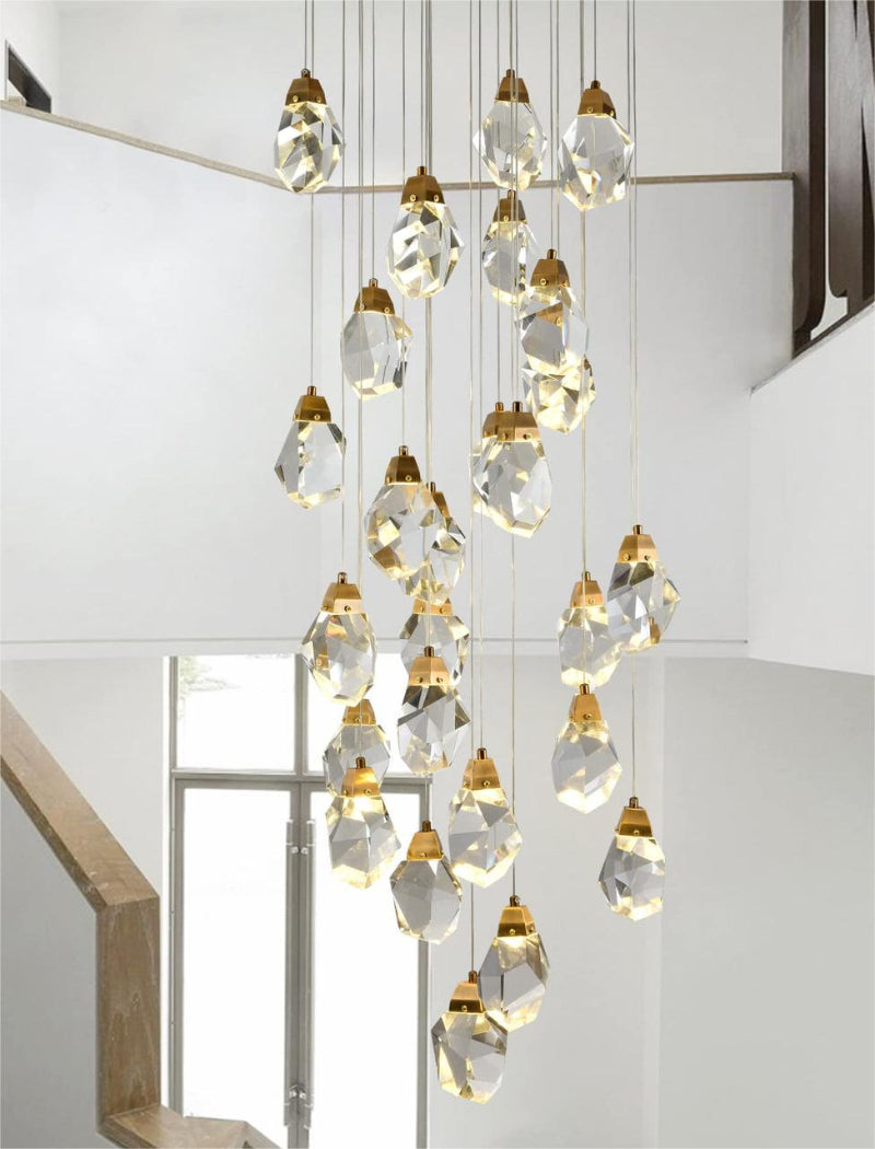 Irregular crystal chandelier lighting in modern foyer, brass finish raw-cut K9 prisms for high ceiling lighting