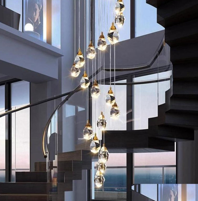 Hanging irregular raw-cut crystal lights, brass pendant cluster adjustable for stairwell foyer high ceiling