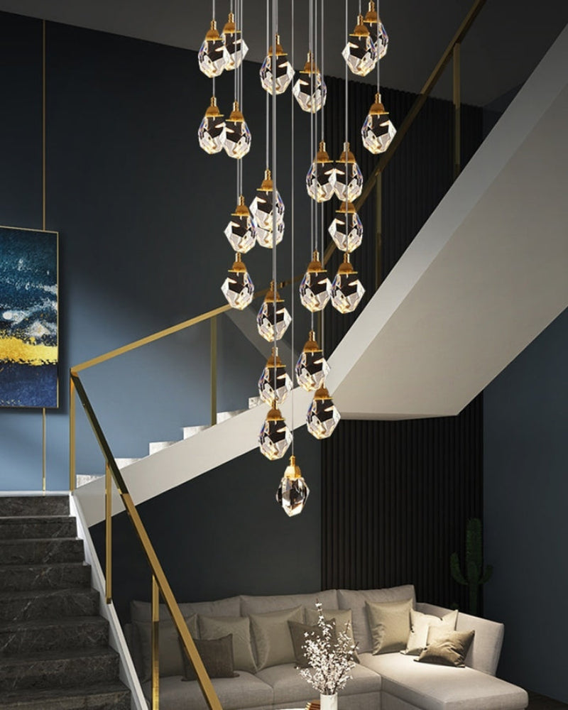 Modern irregular raw-cut K9 crystal chandelier, brass finish cluster for two-story foyer stairwell high ceiling