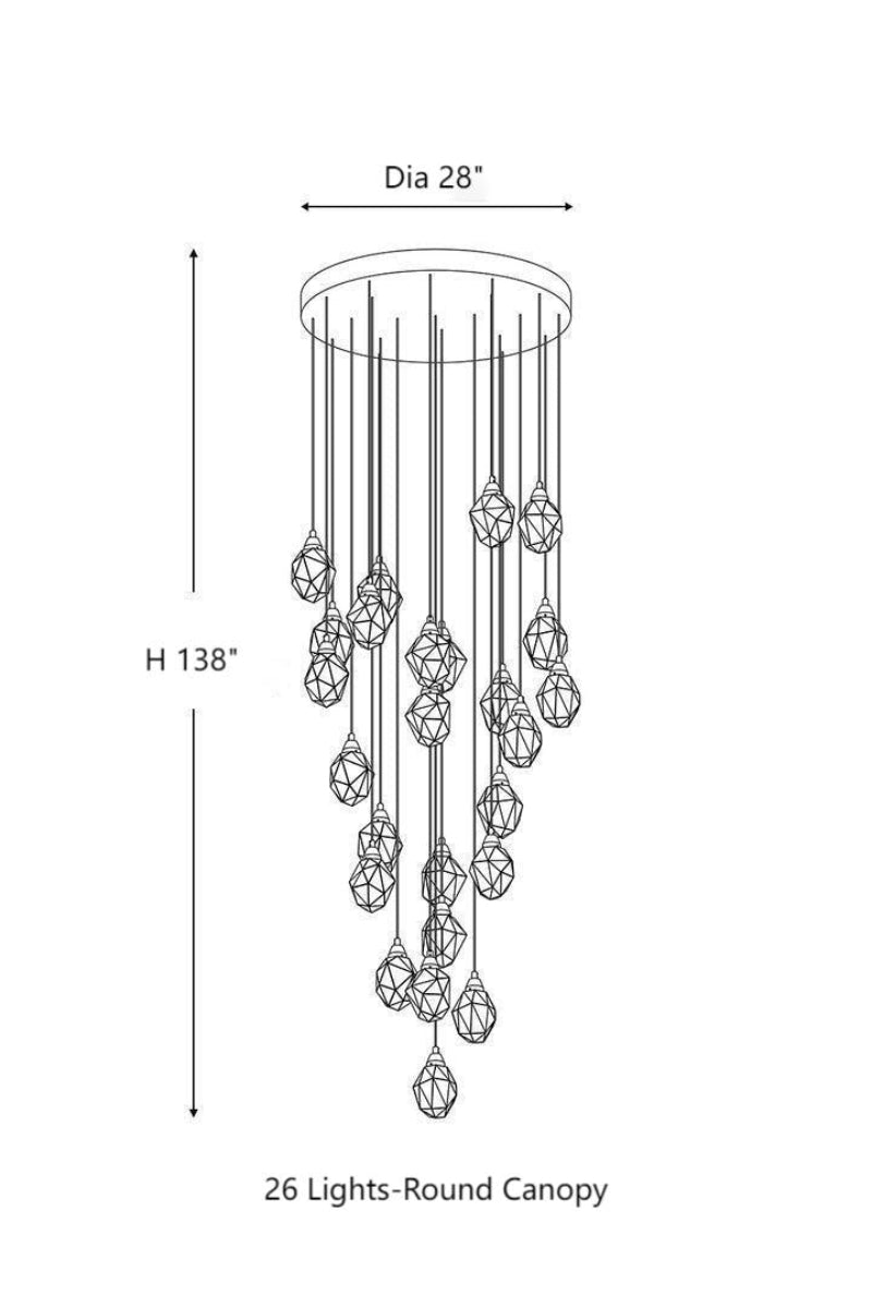 This brass chandelier features 26 irregularly shaped K9 crystal prisms with rough-cut geometric facets, creating a captivating light refraction effect.
