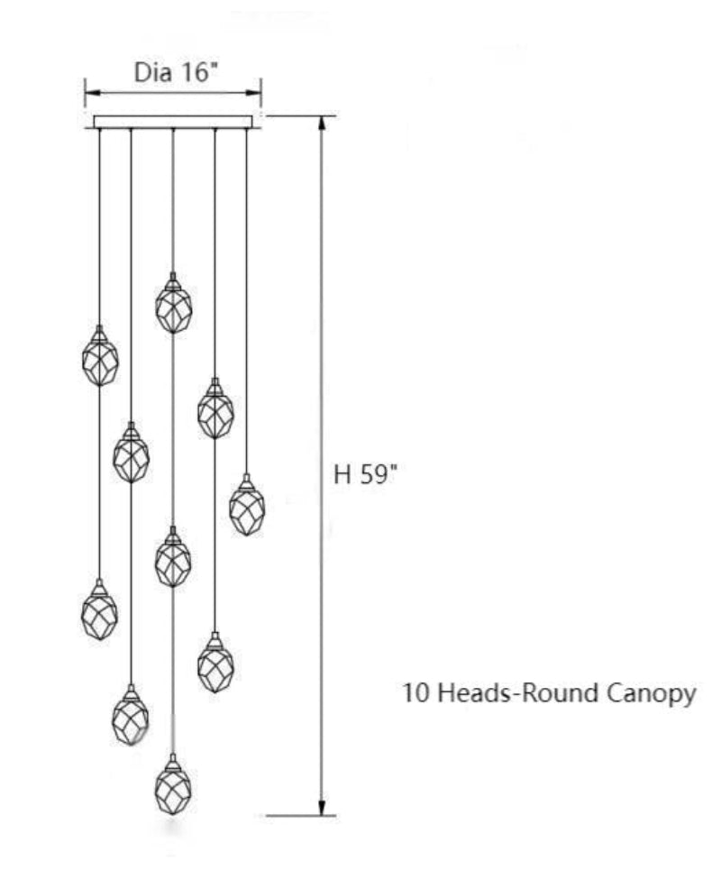 A 10-light modern brass irregular raw-cut crystal chandelier with K9 prism cluster design, suitable for foyers, stairwells, and high-ceiling lighting.
