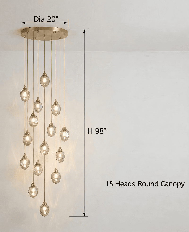 
A 15-light chandelier, with dimensions indicated on a light gray background.