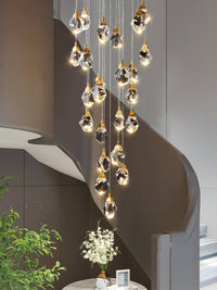 Thumbnail for Brass irregular raw-cut K9 crystal chandelier in foyer, adjustable height for high ceiling staircase