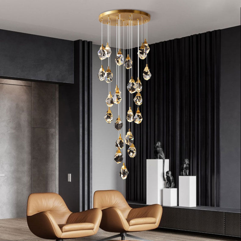 Hanging irregular crystal pendant lights, brass finish with raw-cut K9 prisms for modern foyer lighting