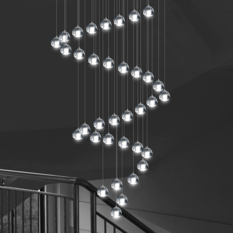 American hanging crystal fixture with dimmable LED creating adjustable ambiance for staircase foyer entryway high ceiling