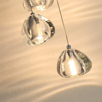 Thumbnail for Contemporary American foyer chandelier with crystal fixtures at varying heights for modern staircase entryway high ceiling