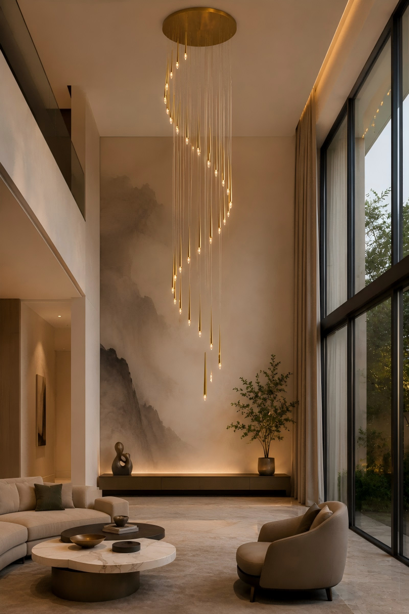Modern living room with a large chandelier, sofa, and decorative elements.