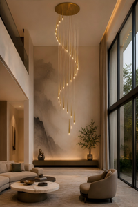 Thumbnail for Modern living room with a large chandelier, sofa, and decorative elements.