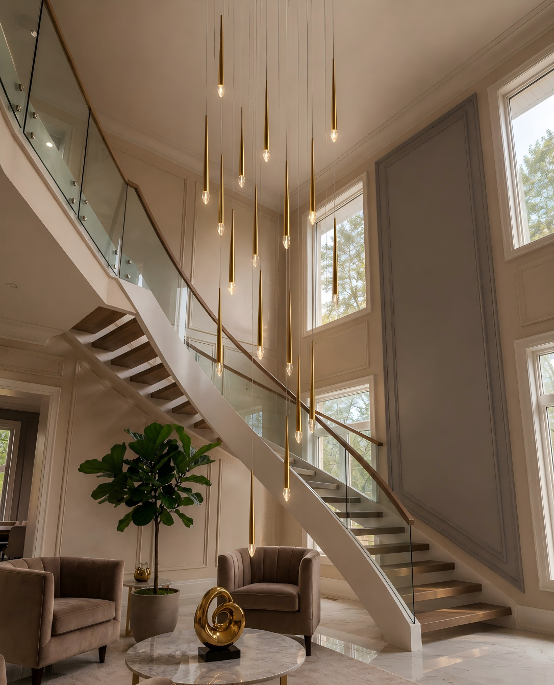 Modern staircase with decorative pendant lights in a stylish interior setting.