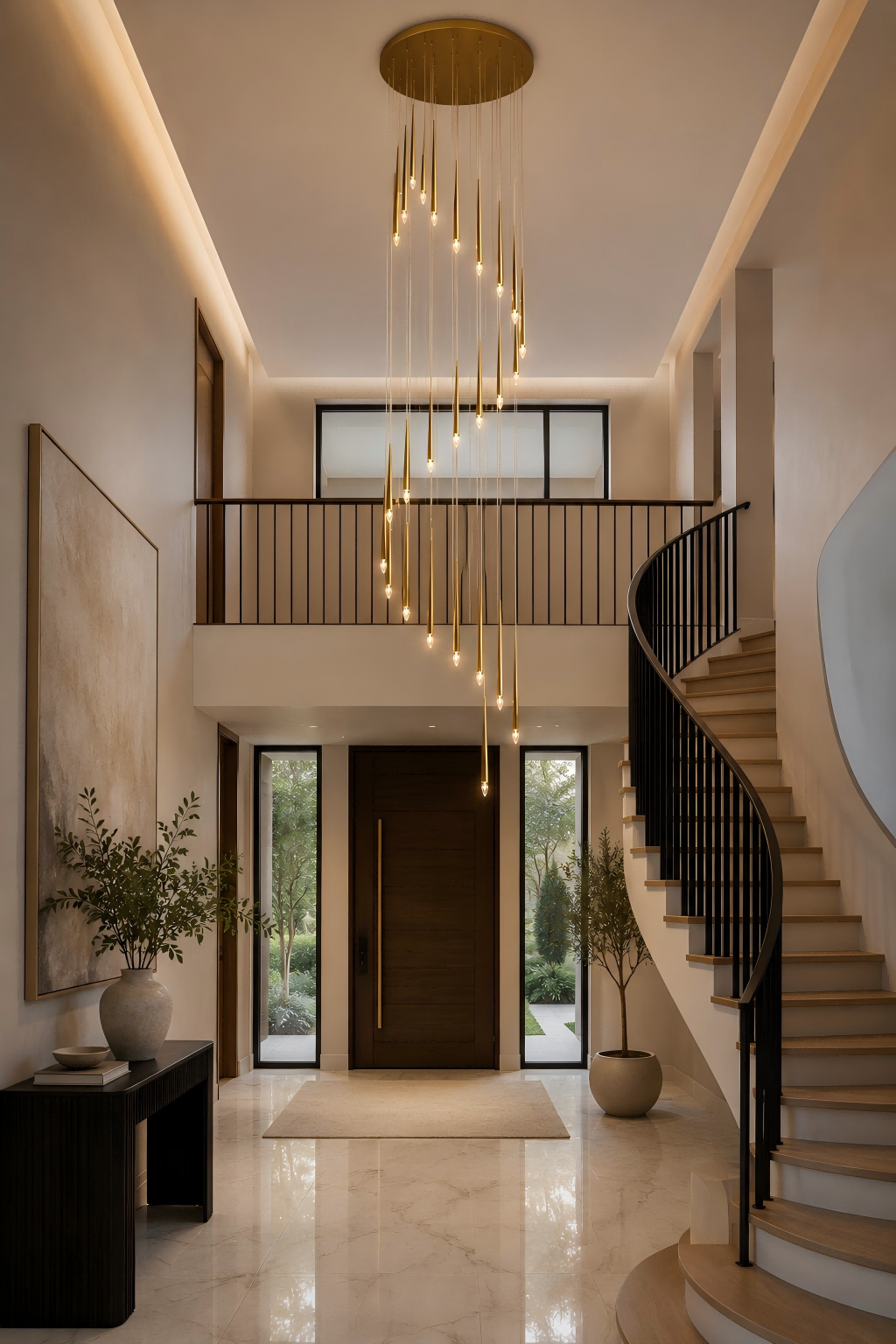 Modern staircase with a chandelier in a stylish interior setting