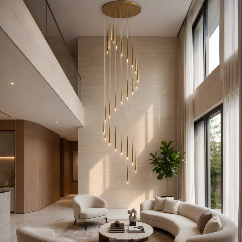 Modern living room with a stylish chandelier, comfortable furniture, and large windows.