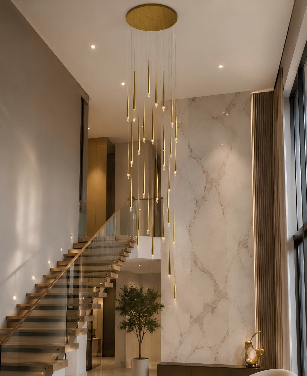 Modern staircase with a gold pendant light fixture in a home interior.