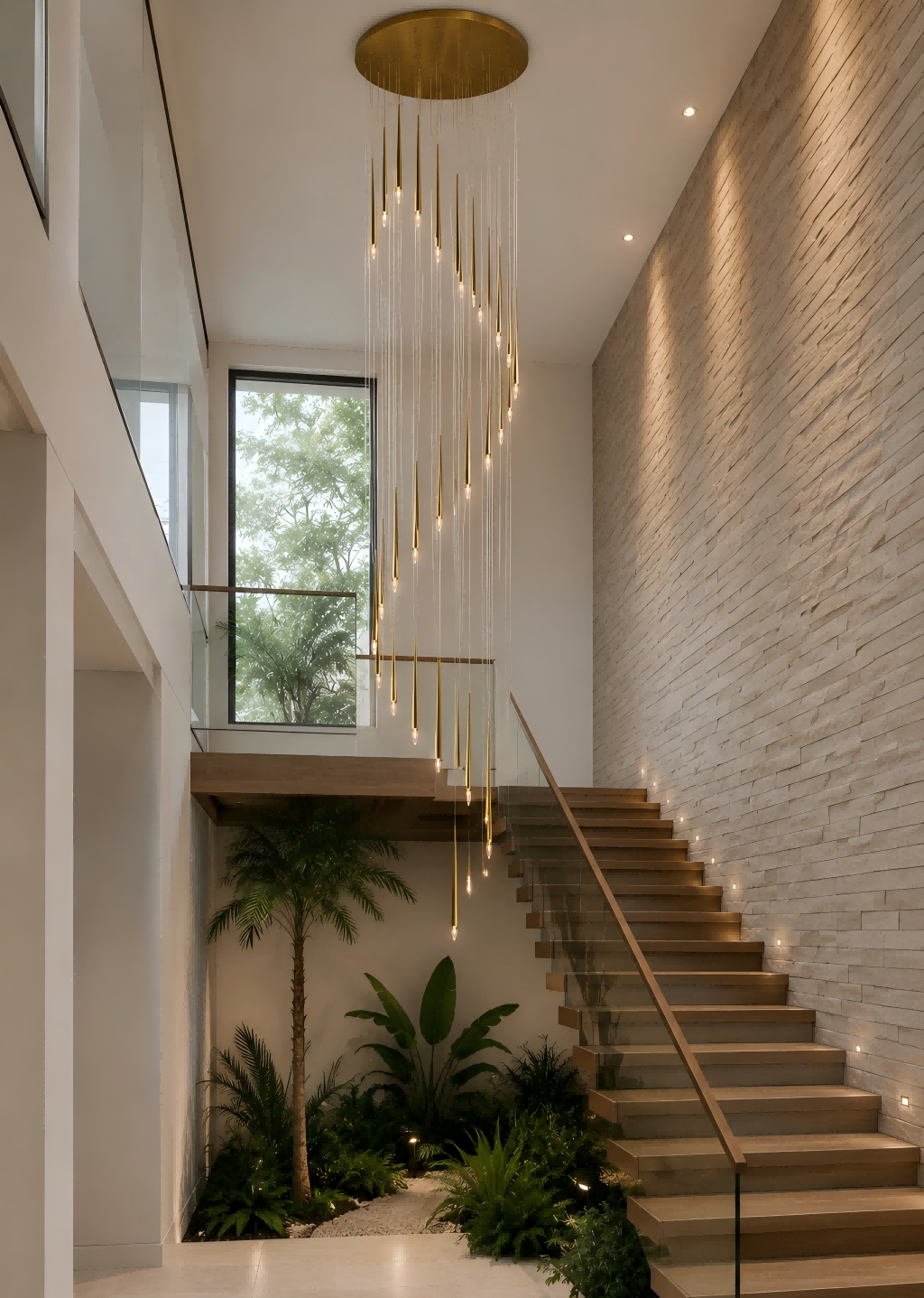 Modern staircase with decorative lighting and a view of trees outside.