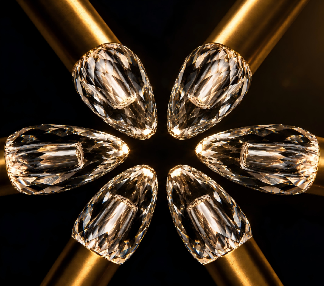 Diamonds arranged in a circular pattern on gold rods with a dark background