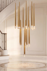 Thumbnail for Modern chandelier with gold accents in a stylish interior setting.