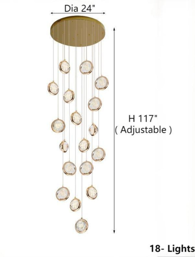 This 18-light golden spiral bubble crystal chandelier, located in the grand foyer, features K9 crystal spheres and is designed for high ceilings at the staircase entrance.