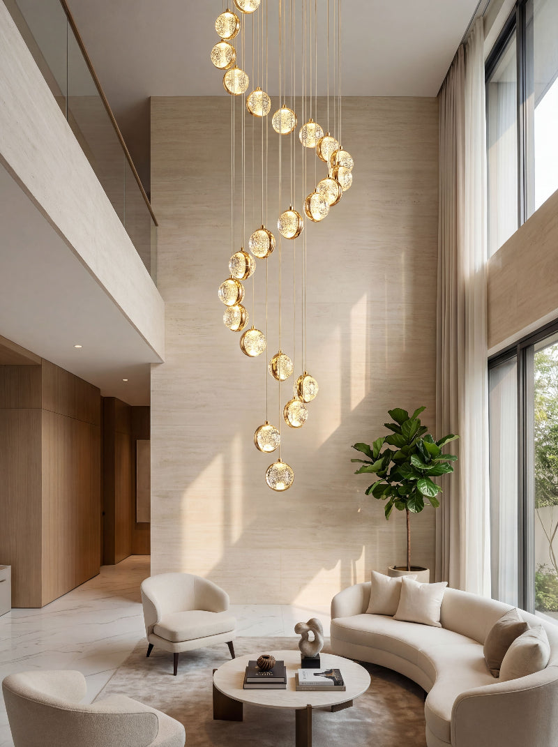 Pre-formed bubble ball chandelier with random arrangement creating beautiful light refraction for staircase foyer two-story void