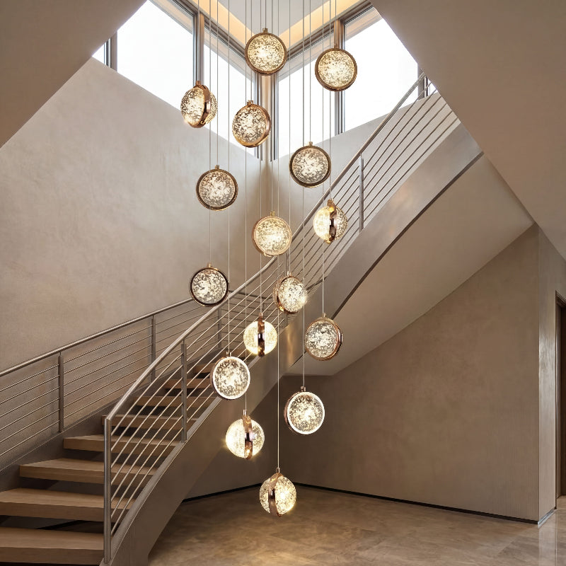 Bubble ball chandelier with solid K9 crystal creating starry night wall effect for luxury staircase foyer two-story void