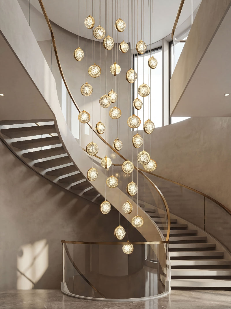 Adjustable bubble crystal chandelier with push-pin locking creating customizable drop for grand staircase entryway high ceiling