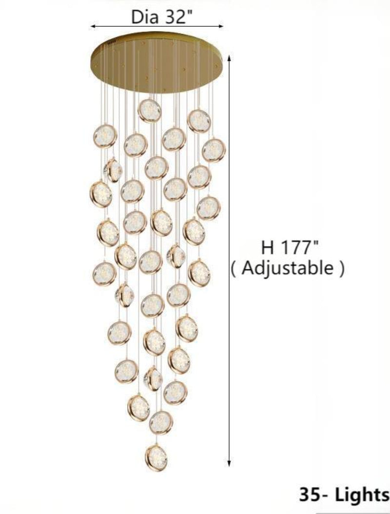 35-light golden bubble crystal chandelier, featuring spiral K9 crystal spheres, suitable for stairwells, foyers, entryways, and double-height ceilings.