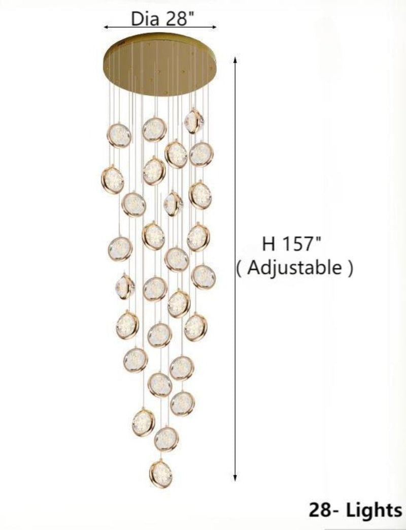 Detailed image of a 28-light golden bubble ball crystal chandelier, featuring a spiral design with K9 crystal balls containing bubbles, suitable for stairwells or foyers.