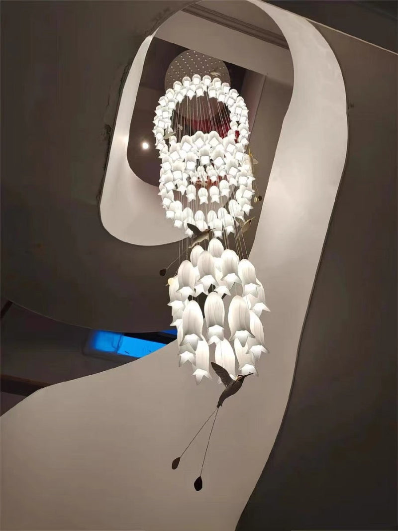 Functional ceramic flower pendant combining botanical beauty with hummingbird charm for stairwell foyer high ceiling,UL