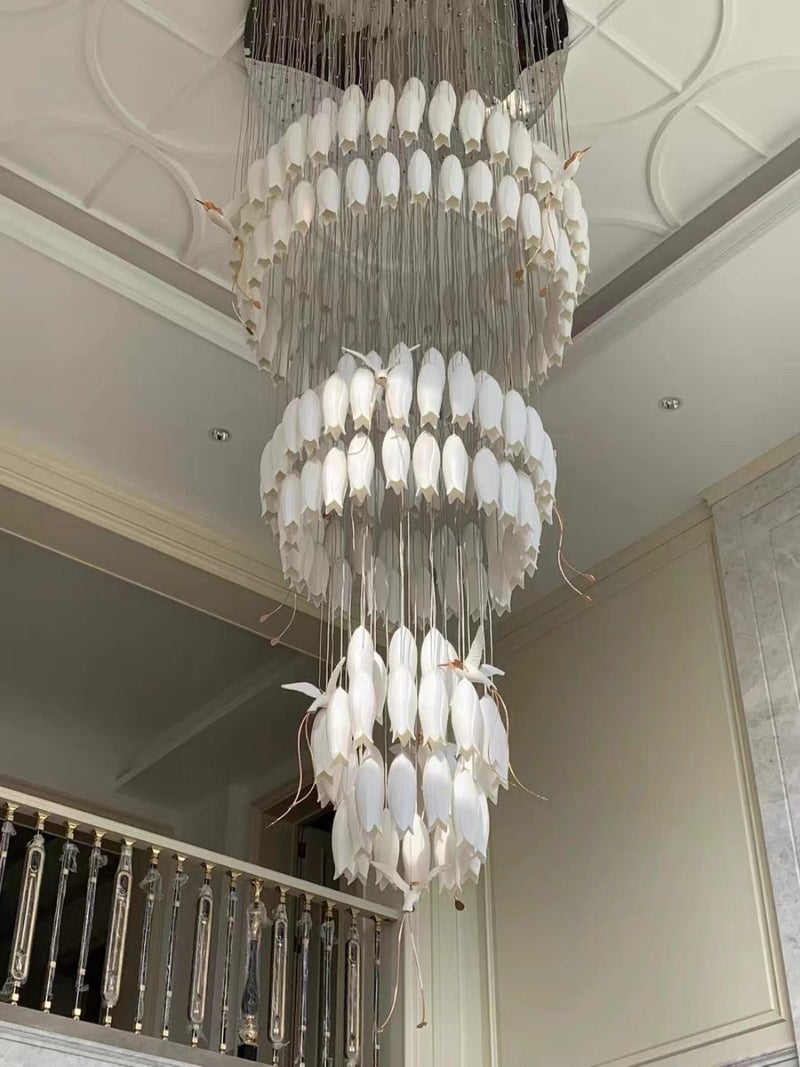 Chic ceramic petal pendant light with artistic hummingbird touches for modern staircase foyer entryway high ceiling,UL