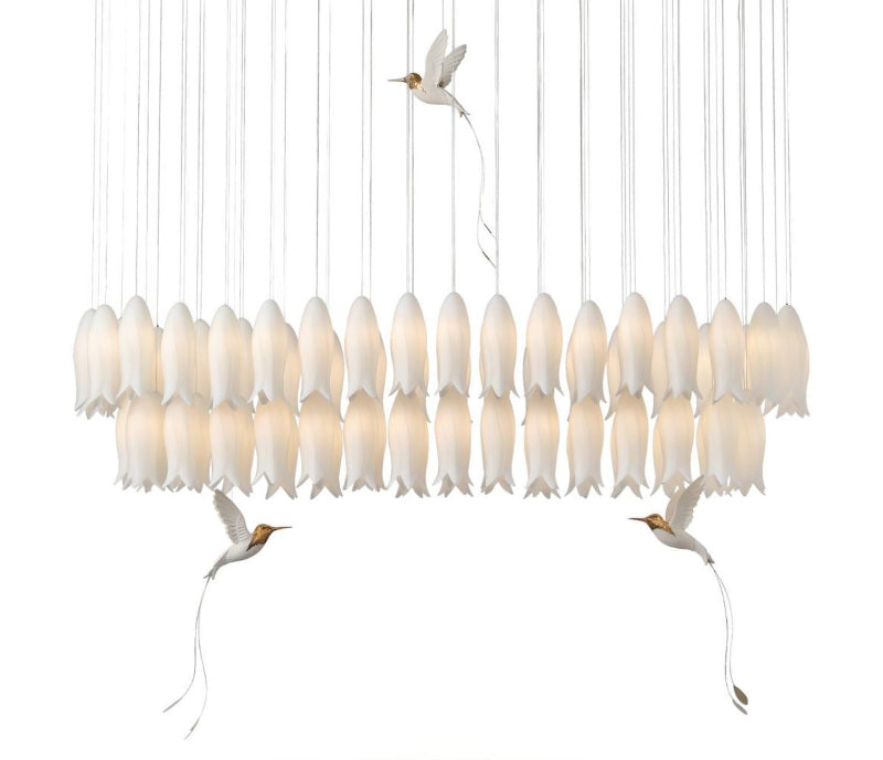 Personalized ceramic petal chandelier with artistic hummingbird touches adding character to staircase foyer entryway