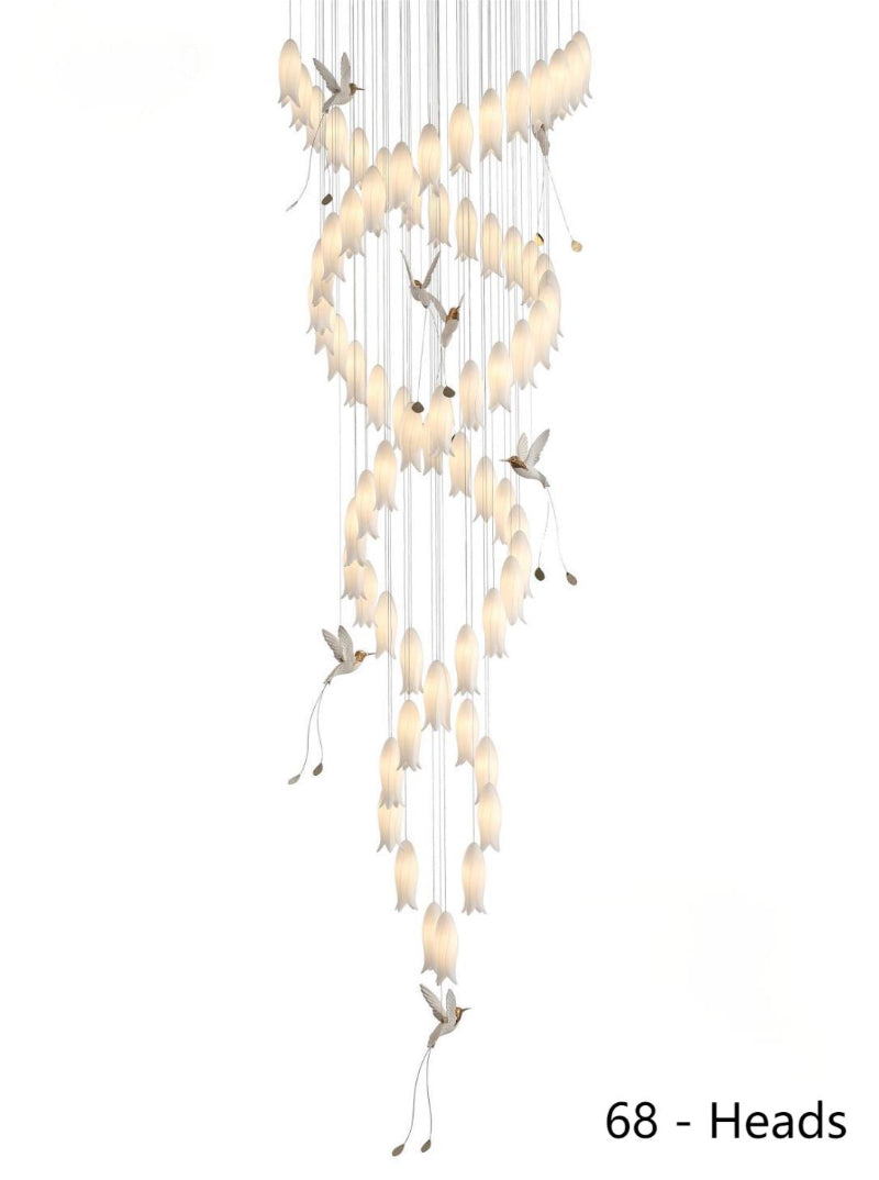 68 lights Beautiful ceramic botanical fixture enhancing staircase beauty with layered flowers and hummingbird design for foyer