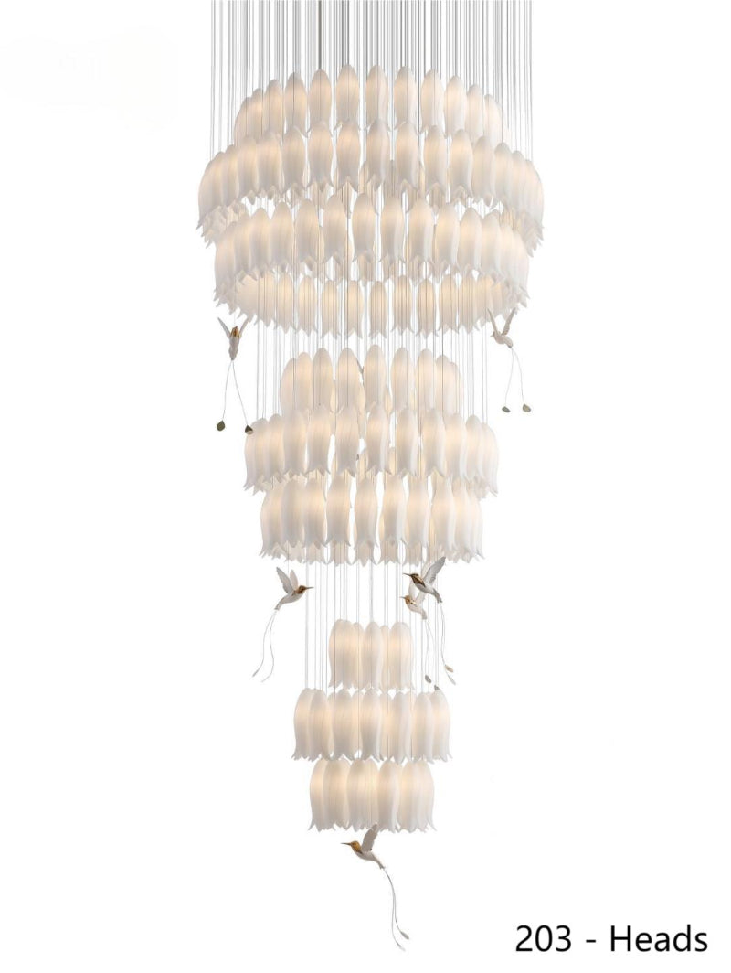 203 lights Contemporary ceramic flower chandelier with elegant hummingbird accents bringing nature-inspired sophistication to staircase