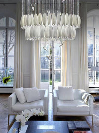 Thumbnail for Contemporary LED ceramic blossom chandelier with graceful hummingbird elements for stairwell foyer entryway lighting